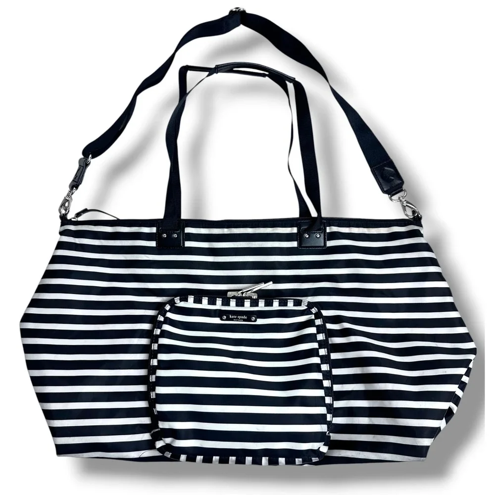 Kate Spade Weekender Bag Womens Large Black White Striped Packable